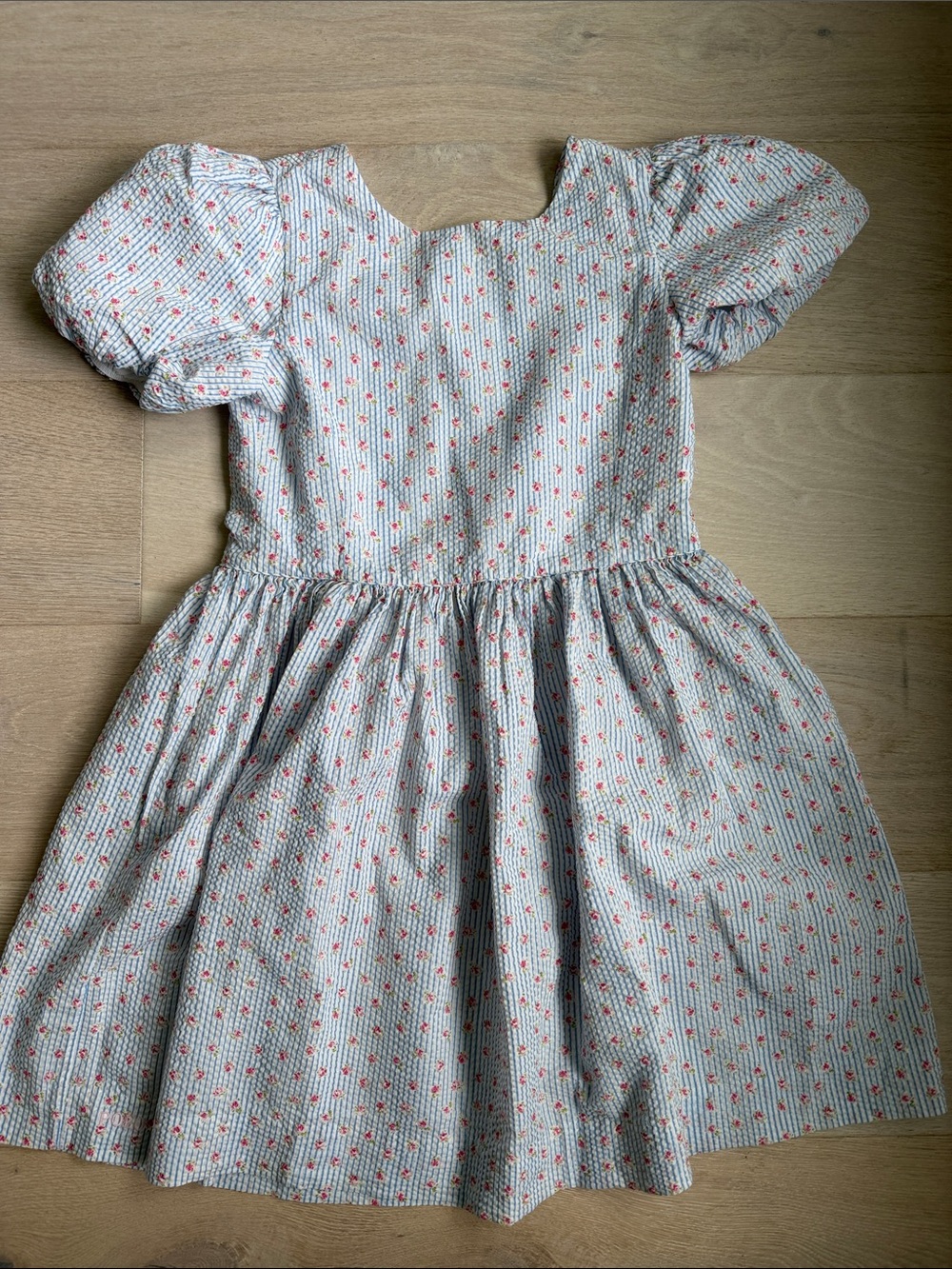 Polo Ralph Lauren Girls' Blue and Pink Floral Puff-Sleeve Dress sz 12 seersucker